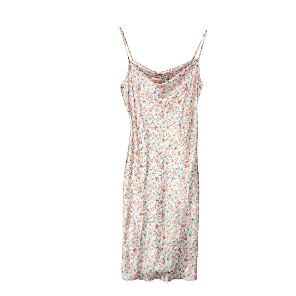 bebe Satin Slip Dress Small Multicolor Ditsy Floral Spaghetti Strap Midi Y2K